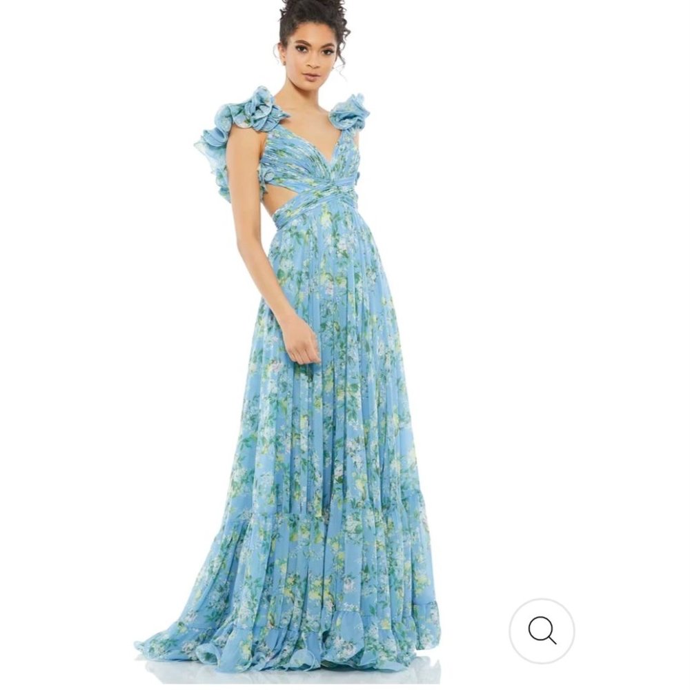 Mac Duggal Ruffle Tiered Floral Cut-Out Chiffon Gown